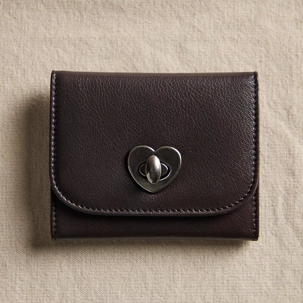 Free People Dark Brown Leather Heart Turn-Lock Wallet